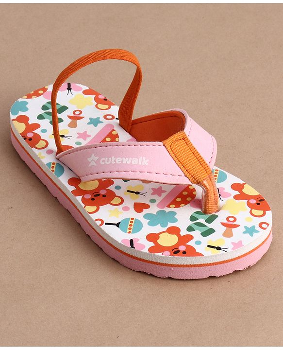 Cute Walk by Babyhug Flip Flops With Teddy Bear Print & Back Strap Closure - Pink