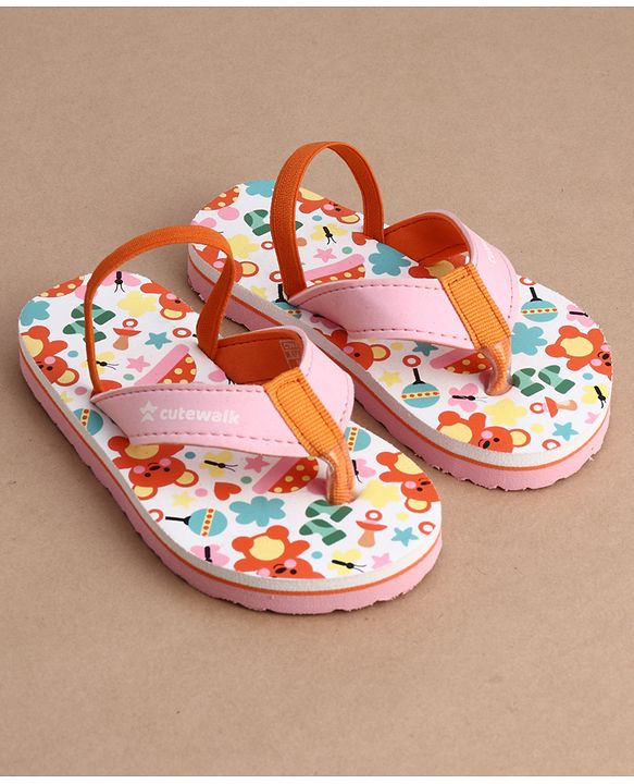 Cute Walk by Babyhug Flip Flops With Teddy Bear Print & Back Strap Closure - Pink