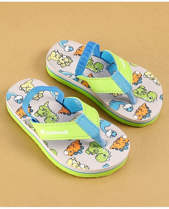 Cute Walk by Babyhug Dino Printed Flip Flops with Back Strap Closure  - Green & Grey