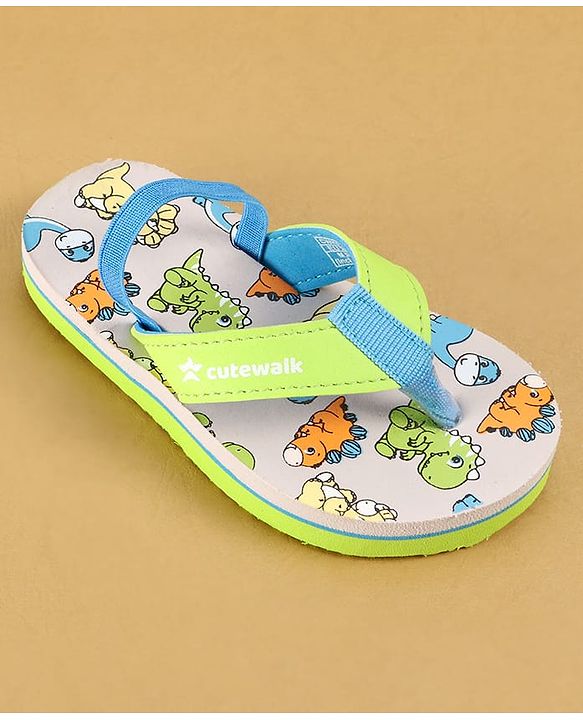 Cute Walk by Babyhug Dino Printed Flip Flops with Back Strap Closure  - Green & Grey