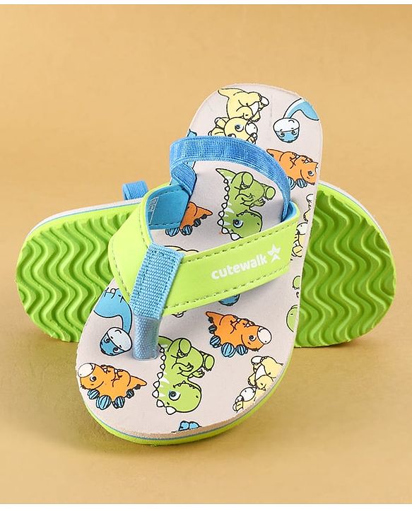 Cute Walk by Babyhug Dino Printed Flip Flops with Back Strap Closure  - Green & Grey
