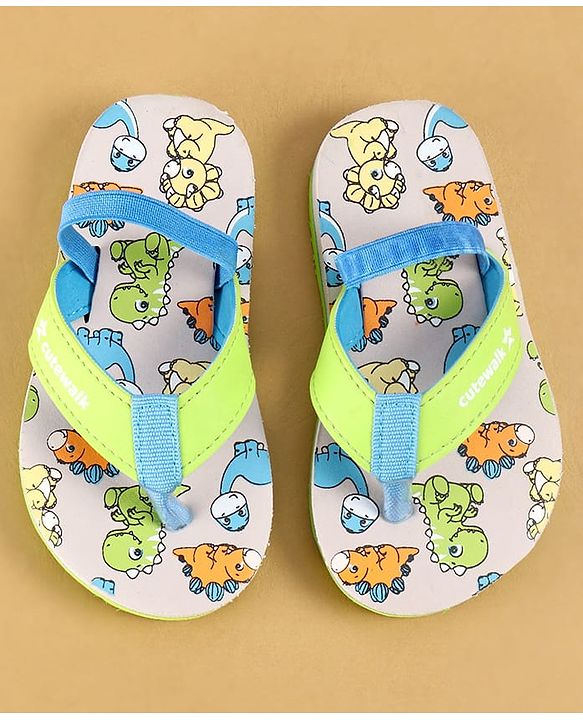 Cute Walk by Babyhug Dino Printed Flip Flops with Back Strap Closure  - Green & Grey