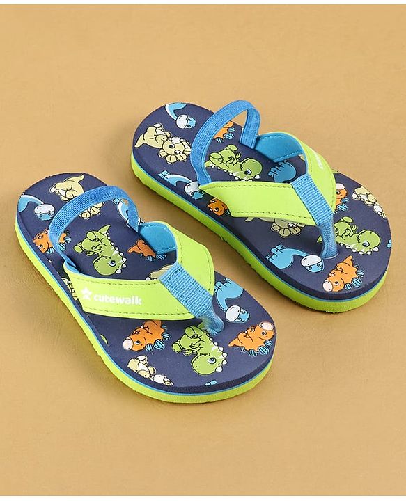 Cute Walk by Babyhug Dino Printed Flip Flops with Back Strap Closure  - Green & Grey