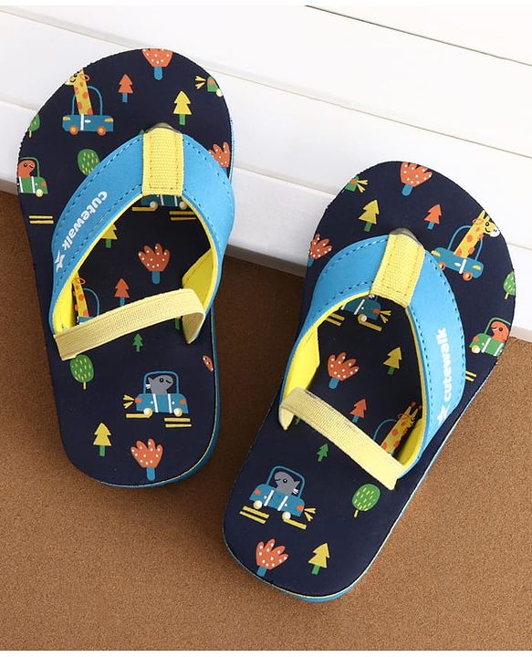 Cute Walk by Babyhug Flip Flops with Back Strap Closure Jungle Theme Print - Navy Blue