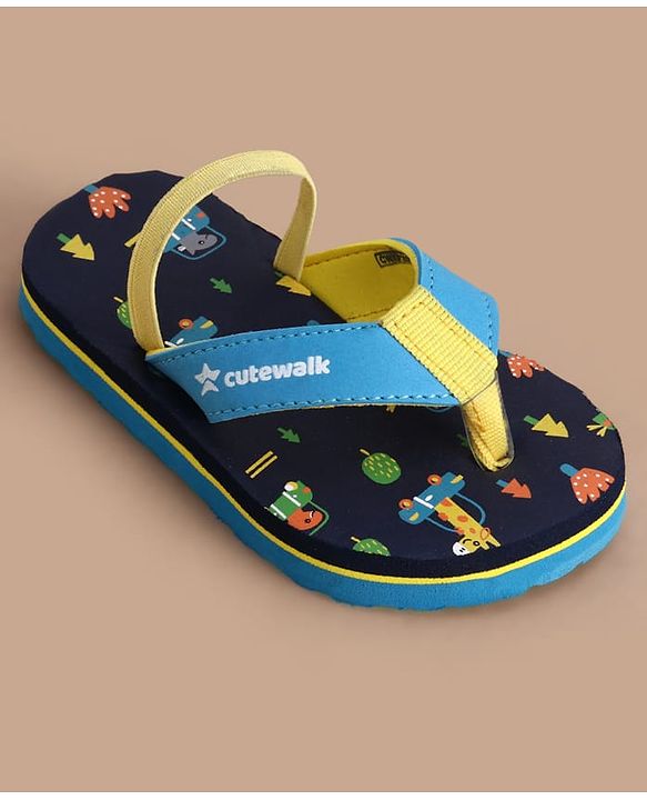Cute Walk by Babyhug Flip Flops with Back Strap Closure Jungle Theme Print - Navy Blue