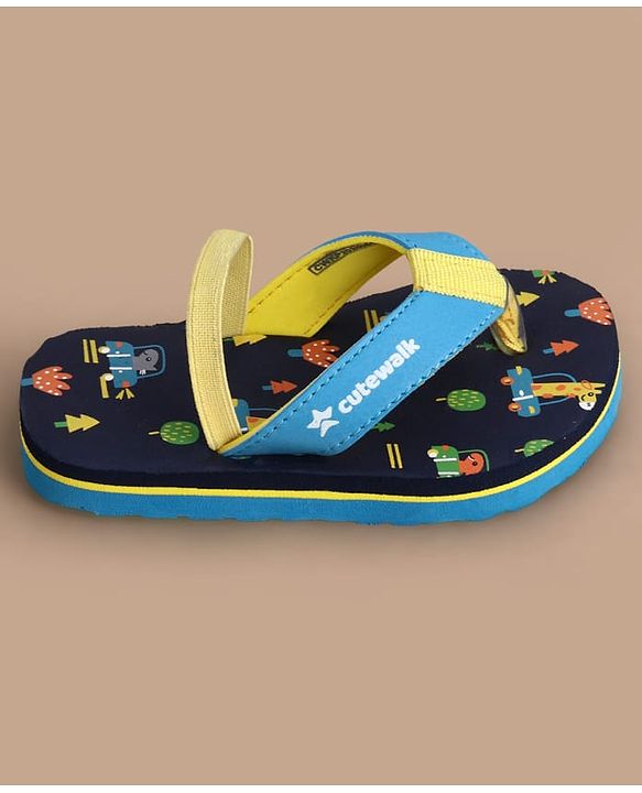 Cute Walk by Babyhug Flip Flops with Back Strap Closure Jungle Theme Print - Navy Blue