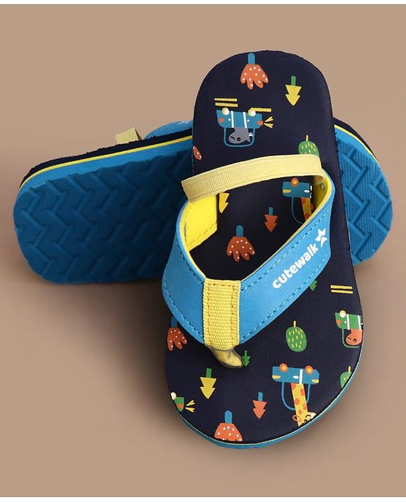 Cute Walk by Babyhug Flip Flops with Back Strap Closure Jungle Theme Print - Navy Blue