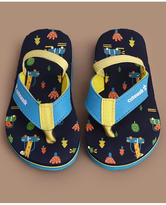 Cute Walk by Babyhug Flip Flops with Back Strap Closure Jungle Theme Print - Navy Blue