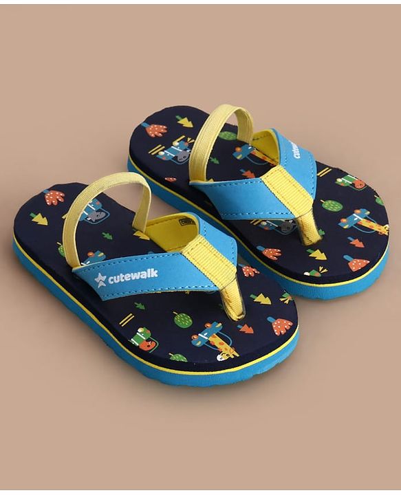 Cute Walk by Babyhug Flip Flops with Back Strap Closure Jungle Theme Print - Navy Blue