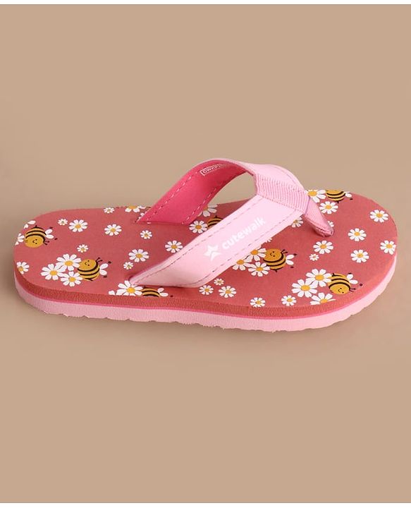 Cute Walk by Babyhug Slip On Flip Flops with Floral & Honey Bee Print - Peach