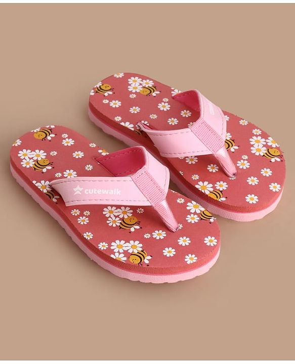 Cute Walk by Babyhug Slip On Flip Flops with Floral & Honey Bee Print - Peach