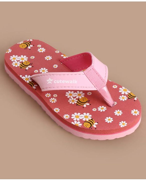 Cute Walk by Babyhug Slip On Flip Flops with Floral & Honey Bee Print - Peach
