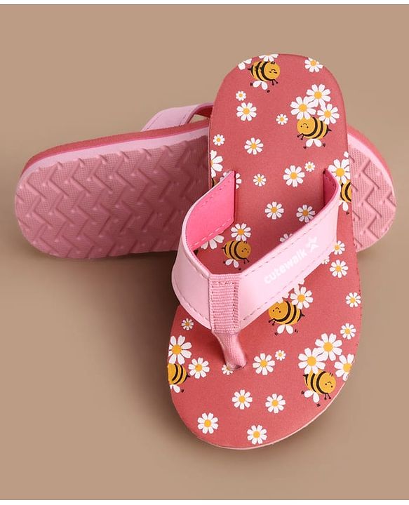 Cute Walk by Babyhug Slip On Flip Flops with Floral & Honey Bee Print - Peach