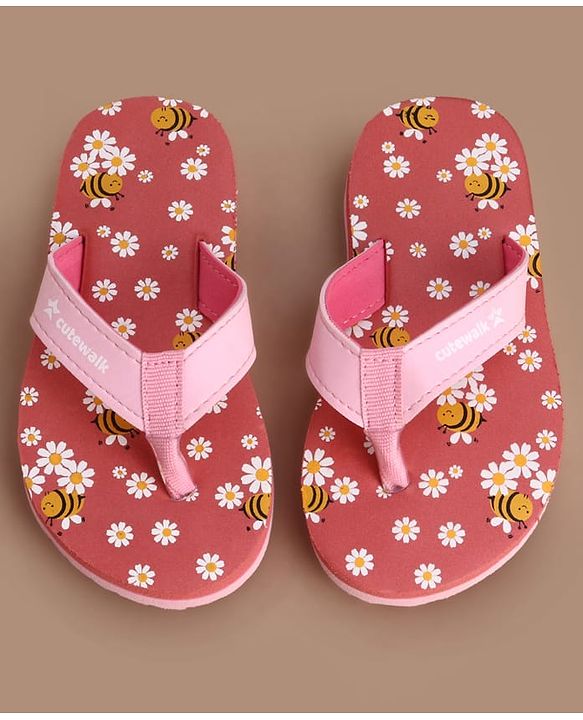 Cute Walk by Babyhug Slip On Flip Flops with Floral & Honey Bee Print - Peach