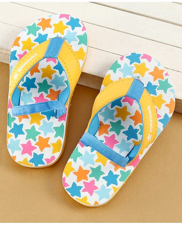 Cute Walk by Babyhug Flip Flops with Back Strap Closure & Star Print - White Blue & Yellow