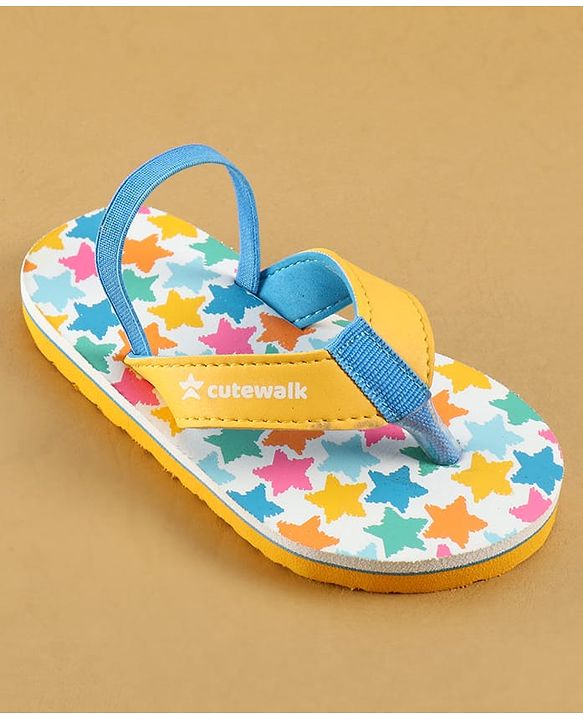 Cute Walk by Babyhug Flip Flops with Back Strap Closure & Star Print - White Blue & Yellow