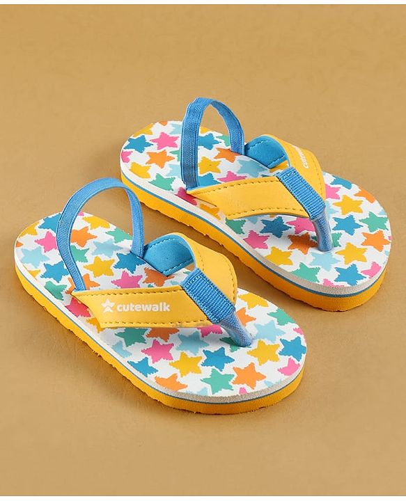 Cute Walk by Babyhug Flip Flops with Back Strap Closure & Star Print - White Blue & Yellow