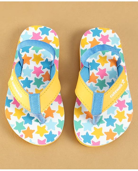 Cute Walk by Babyhug Flip Flops with Back Strap Closure & Star Print - White Blue & Yellow