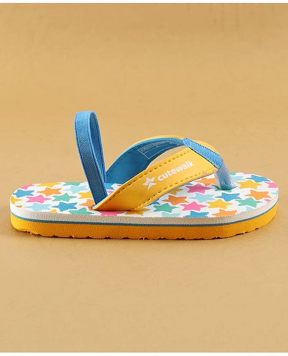 Cute Walk by Babyhug Flip Flops with Back Strap Closure & Star Print - White Blue & Yellow