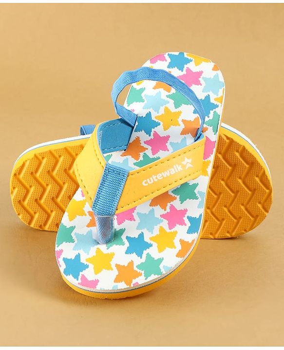 Cute Walk by Babyhug Flip Flops with Back Strap Closure & Star Print - White Blue & Yellow