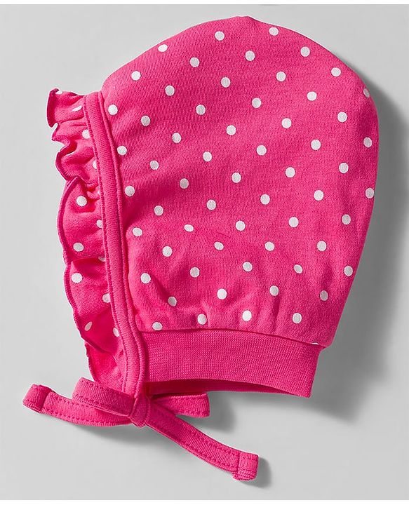Babyhug 100% Cotton Cap Mittens & Booties Set With Polka Dot Print Pink - Diameter 9.5 cm
