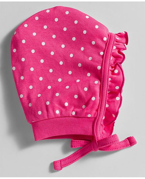 Babyhug 100% Cotton Cap Mittens & Booties Set With Polka Dot Print Pink - Diameter 9.5 cm