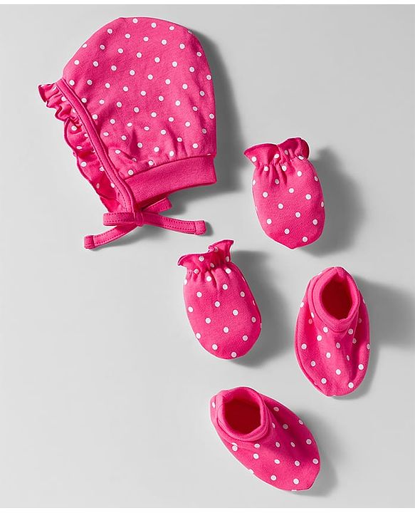 Babyhug 100% Cotton Cap Mittens & Booties Set With Polka Dot Print Pink - Diameter 9.5 cm