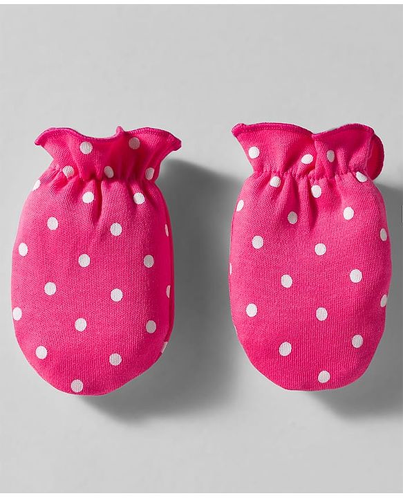 Babyhug 100% Cotton Cap Mittens & Booties Set With Polka Dot Print Pink - Diameter 9.5 cm