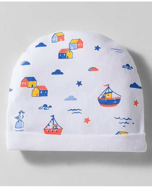 Babyhug 100% Cotton Knit Cap Mittens & Booties With Boat Print White - Diameter 9 cm
