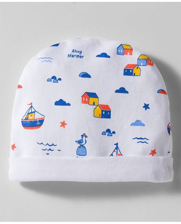 Babyhug 100% Cotton Knit Cap Mittens & Booties With Boat Print White - Diameter 9 cm