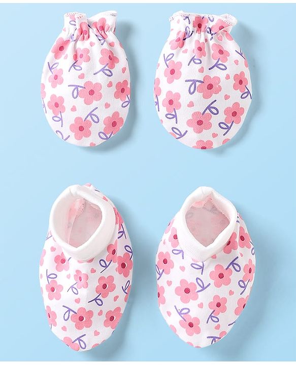 Babyhug 100% Cotton Knit Mittens & Booties with Floral Print - Pink