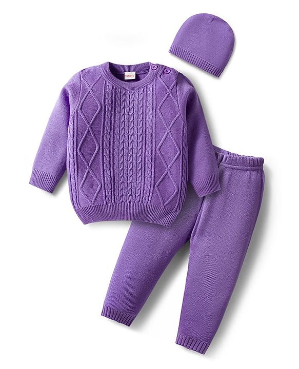 Babyhug Knit Full Sleeves Sweater Set with Cable Knit Design & Cap - Lavender