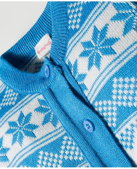 Babyhug Knit Full Sleeves Sweater Set With Cap & Aztec Design - Light Blue