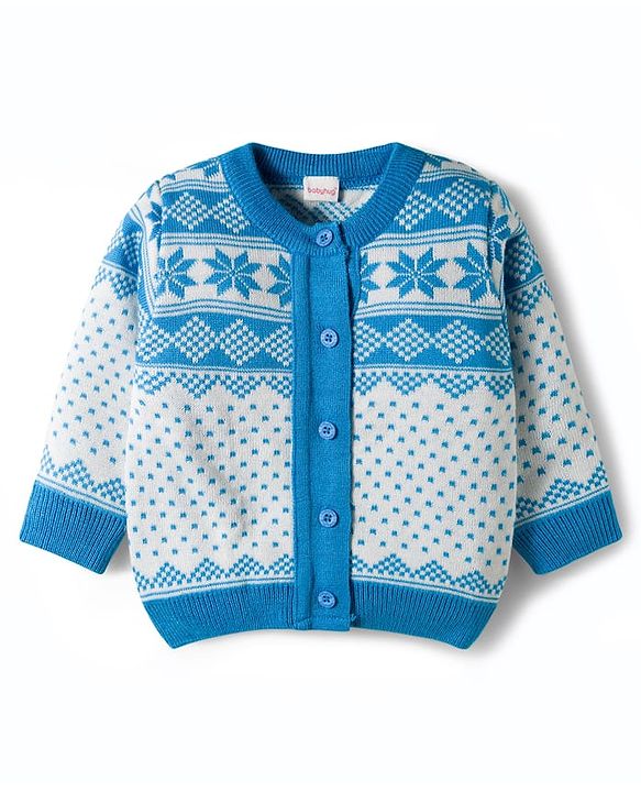 Babyhug Knit Full Sleeves Sweater Set With Cap & Aztec Design - Light Blue