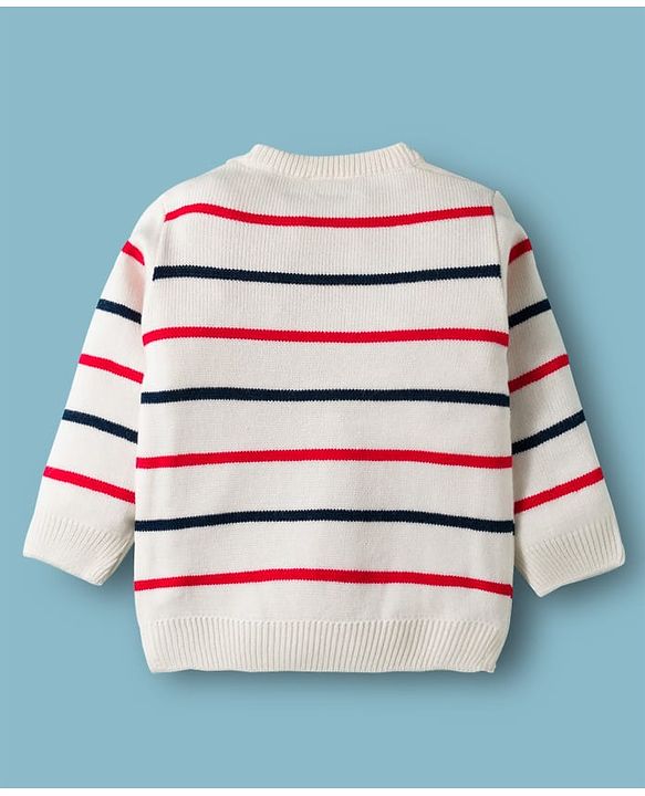 Babyhug Knit Full Sleeves Sweater & Pant Set with Stripe Design - White