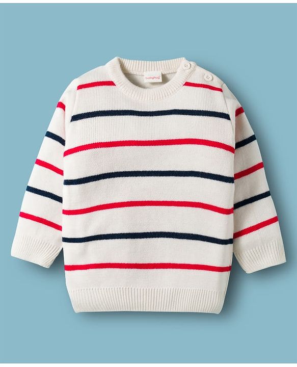 Babyhug Knit Full Sleeves Sweater & Pant Set with Stripe Design - White