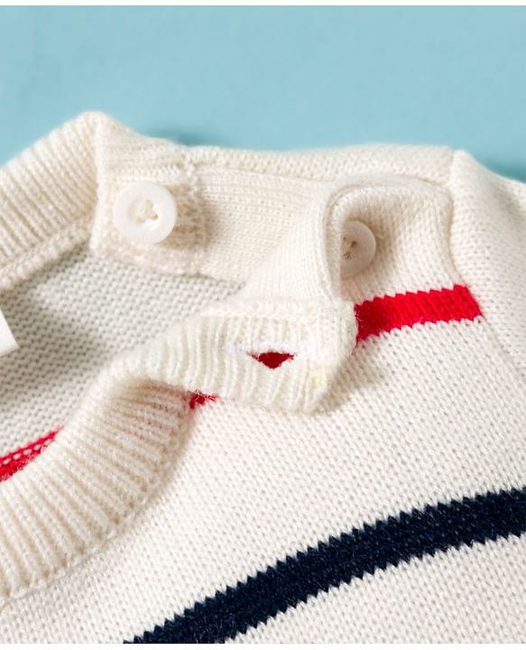 Babyhug Knit Full Sleeves Sweater & Pant Set with Stripe Design - White
