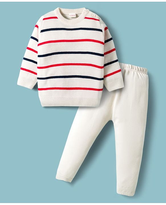 Babyhug Knit Full Sleeves Sweater & Pant Set with Stripe Design - White