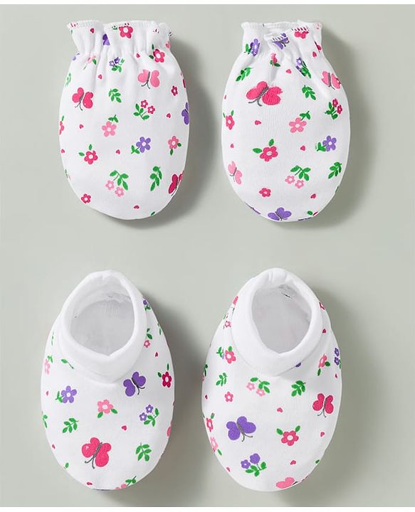 Babyhug 100% Knit Cotton Mittens & Booties Set With Floral Print - White