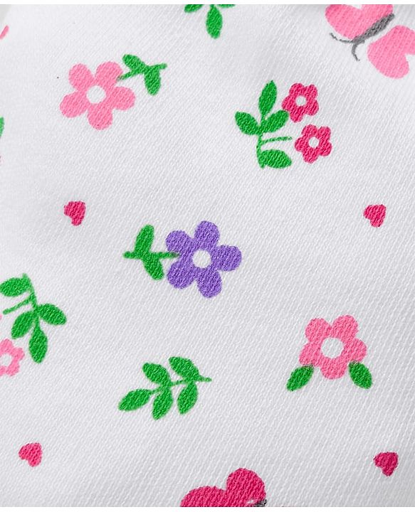 Babyhug 100% Knit Cotton Mittens & Booties Set With Floral Print - White