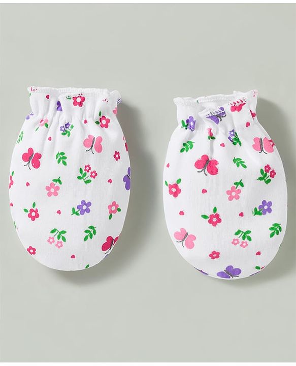 Babyhug 100% Knit Cotton Mittens & Booties Set With Floral Print - White