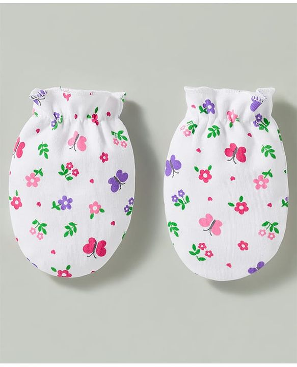 Babyhug 100% Knit Cotton Mittens & Booties Set With Floral Print - White