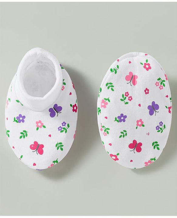 Babyhug 100% Knit Cotton Mittens & Booties Set With Floral Print - White