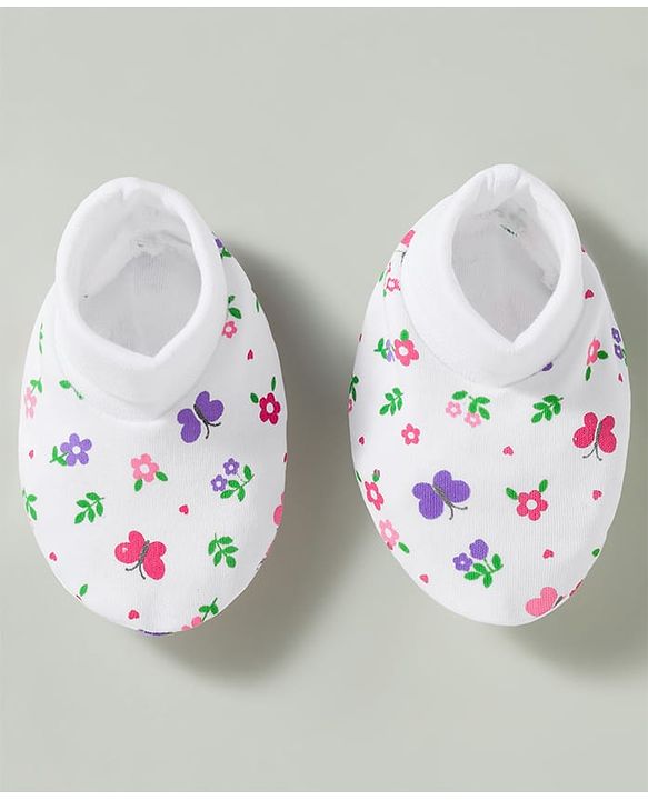 Babyhug 100% Knit Cotton Mittens & Booties Set With Floral Print - White