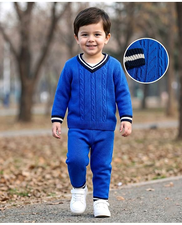 Babyhug Knitted Full Sleeves Sweater Set With Cable Knit Design - Royal Blue