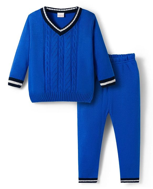 Babyhug Knitted Full Sleeves Sweater Set With Cable Knit Design - Royal Blue