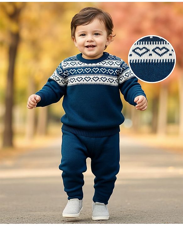 Babyhug Knitted Full Sleeves Pullover Sweater Set With Heart Design - Teal Blue