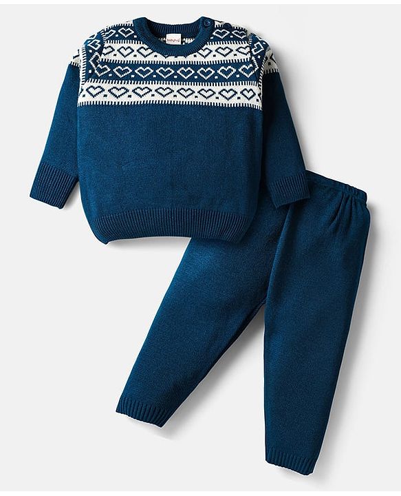 Babyhug Knitted Full Sleeves Pullover Sweater Set With Heart Design - Teal Blue