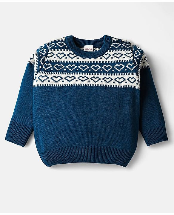 Babyhug Knitted Full Sleeves Pullover Sweater Set With Heart Design - Teal Blue