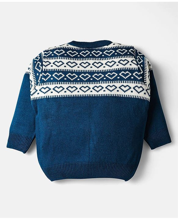 Babyhug Knitted Full Sleeves Pullover Sweater Set With Heart Design - Teal Blue